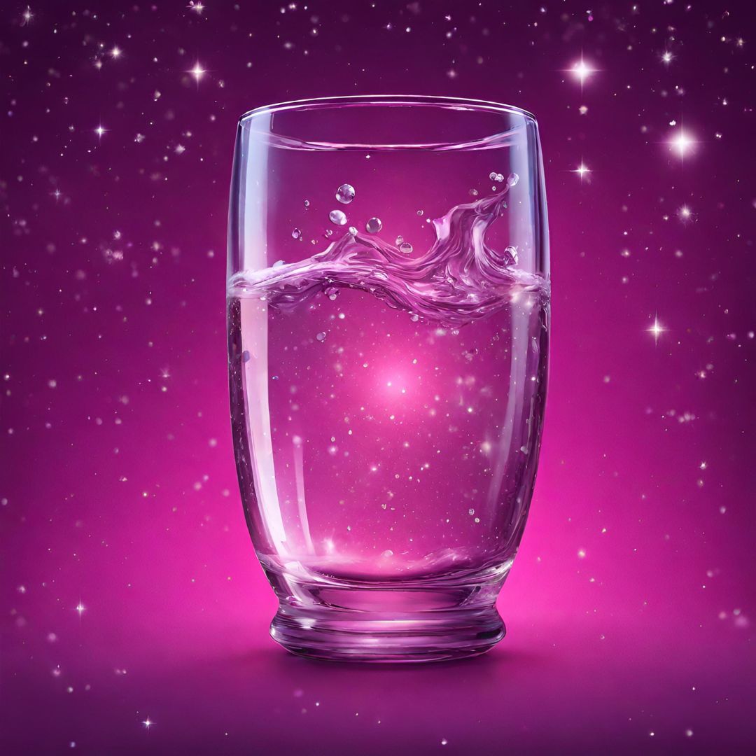 Clear glass full of water with a little splash against a pinky purple night sky with stars above
